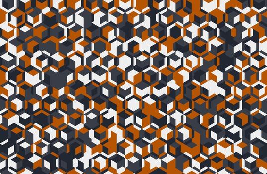 Abstract geometric seamless pattern. Intricate design of interlocking cubes in shades of orange, grey, and white. vector