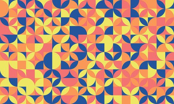 Vibrant geometric pattern featuring a dynamic interplay of circles, squares, and triangles in bold, warm hues. Perfect for modern backgrounds, textiles, website design, and branding projects. vector