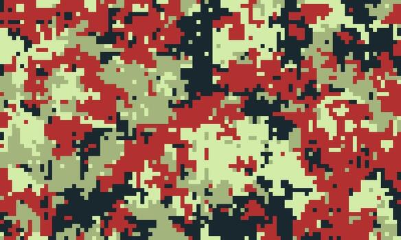 Abstract digital camouflage pattern in red, green, and black. Ideal for backgrounds, textiles, and militarythemed designs. The pixelated texture creates a modern, bold aesthetic. vector