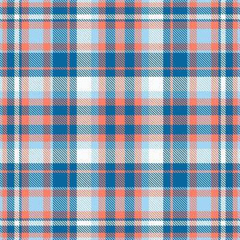 Classic plaid pattern featuring intersecting lines in shades of blue, orange, and white. Evokes a sense of tradition and comfort. Ideal for backgrounds, textiles, and design elements. vector