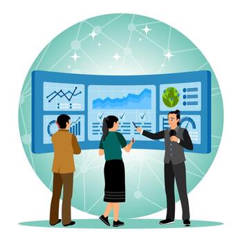 Team discussing data insights on dashboard vector