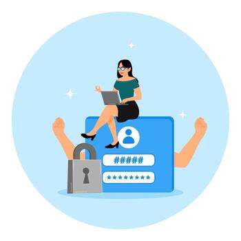 un mujer registros en en línea con un contraseña y un candado. vector