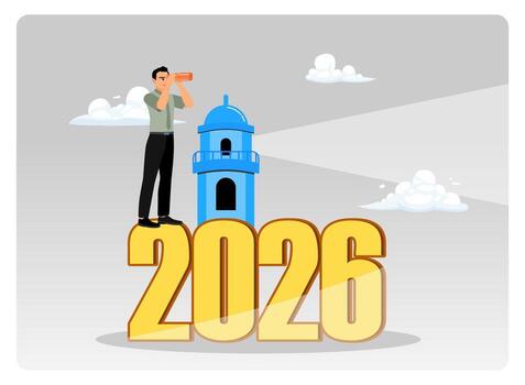 Man looking through telescope for 2026 vector