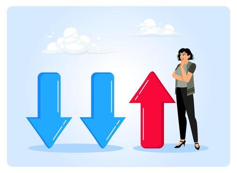 Person comparing up and down arrows vector