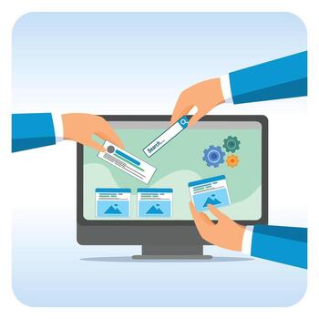 Hands using a computer for search vector