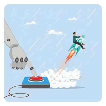 Robot launching a rocket with a man vector