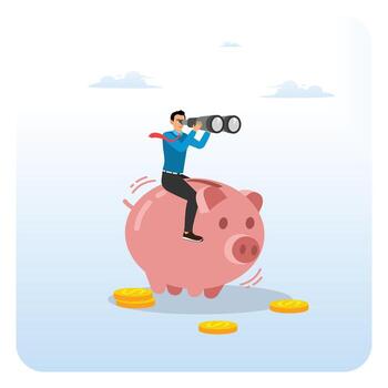 Man on piggy bank with binoculars vector