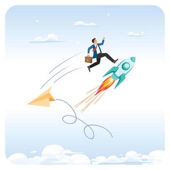 Businessman flying with rocket and paper airplane vector