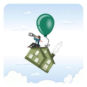 Businessman on balloon floating house vector