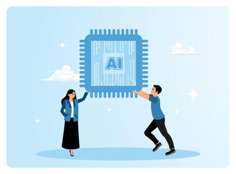 AI chip held by two people vector