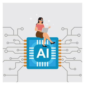 Woman sitting on AI chip with laptop vector