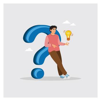 empresario propensión en contra un grande pregunta marca con un brillante ligero bulbo idea. vector