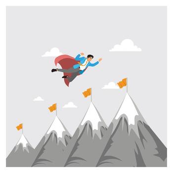 Superhero flying over mountains with flags vector