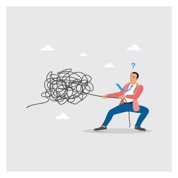 Man pulling tangled rope illustration vector