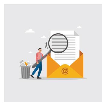 Man looking at email with magnifying glass vector