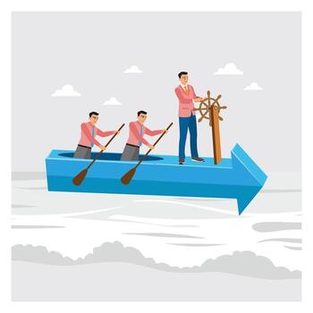 Business team rowing a boat together vector