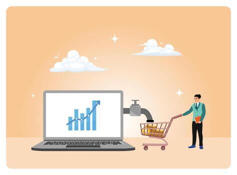 E-commerce growth illustration with laptop and cart vector