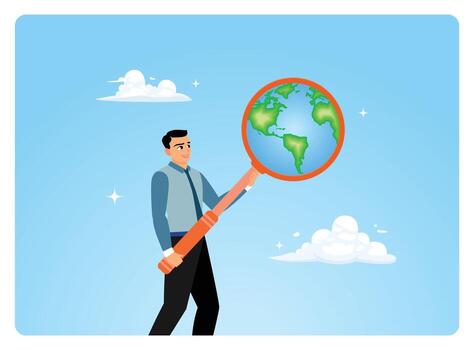 Man holding magnifying glass over Earth vector