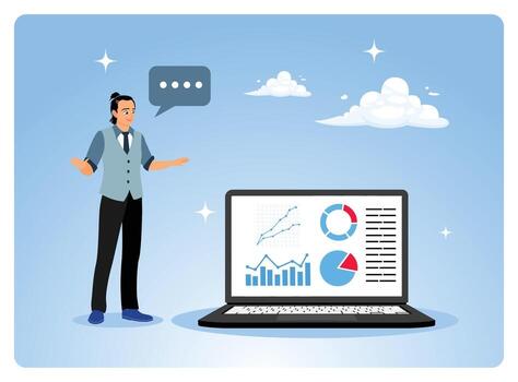 Person explaining data on laptop vector