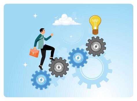 Man climbing gears with light bulb vector