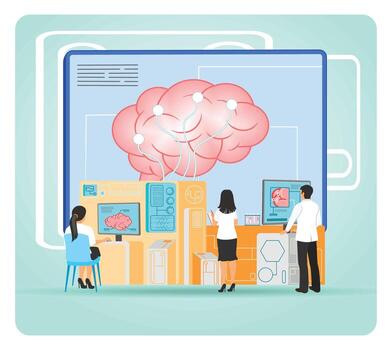 Team analyzing brain data in a lab vector