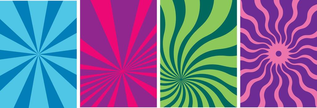 Collection of vibrant groovy poster templates. A set of colorful retro 60s psychedelic backgrounds with bold sunburst and wavy swirl patterns for event flyers. vector