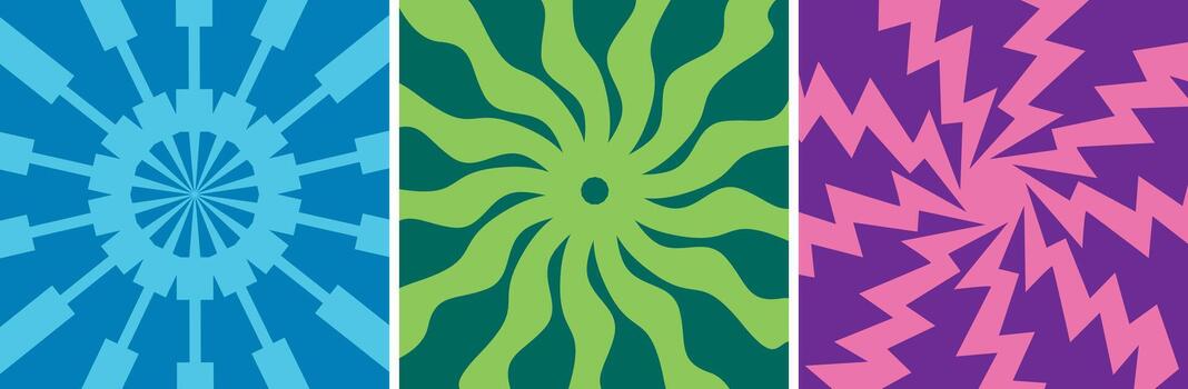 Set of retro psychedelic backgrounds. A collection of three vibrant 60s and 70s style posters with hypnotic sunburst, wavy swirl, and lightning bolt patterns. vector