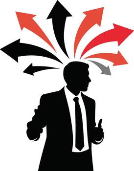 Businessman silhouette facing multiple directions with colorful arrows symbolizing choices vector