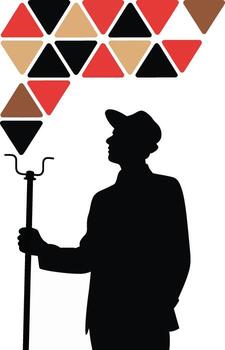 Farmer silhouette holding pitchfork against abstract geometric pattern background vector