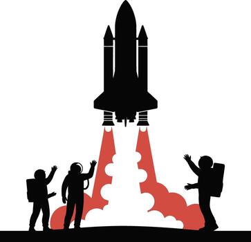 Astronauts waving goodbye to a powerful rocket launching into space silhouette vector