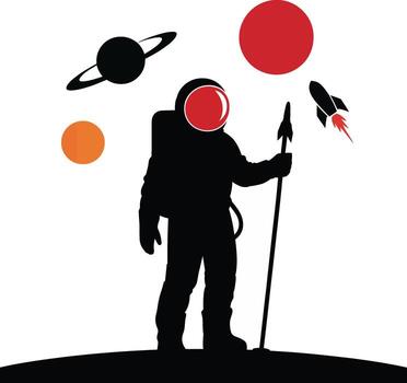 Astronaut silhouette standing on a dark surface with planets and rocket in the background silhouette vector