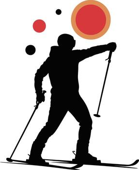 Dynamic silhouette of a skier with colorful circles in the background vector