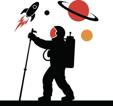 Astronaut exploring the cosmos with a rocket and planets in silhouette vector