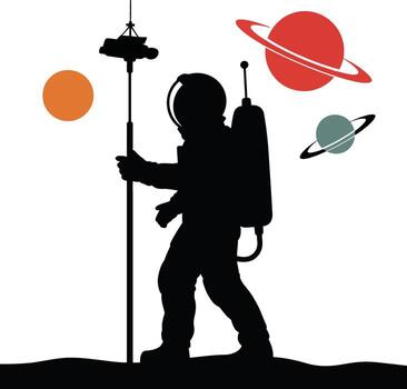 Astronaut exploring an alien planet with colorful planets in the background silhouette vector