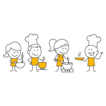 Four Chefs Working in Harmony in the Kitchen The Process of Creating a Delicious Meal Through Teamwork. vector