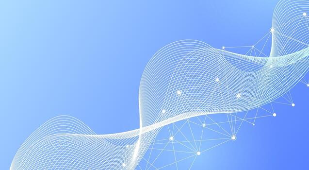 Modern blue background with white abstract wave lines and connected dots vector