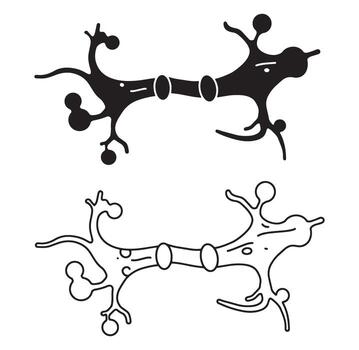Simplified illustration depicting neuron structure and synaptic transmission in black and white vector