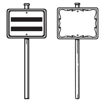 Black and white illustrated signposts with different empty rectangular and scroll frame boards vector