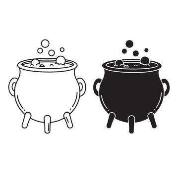 Simple witch cauldron illustrations in outline and silhouette styles for design projects vector