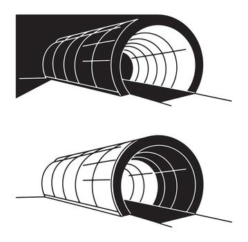 Two isolated black and white illustrations of a tunnel or pipeline structure vector