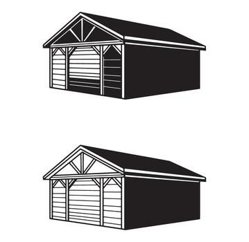 Black and white illustration of a simple shed structure in two different styles vector
