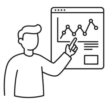 Businessman presenting business data with line graph and screen illustration in minimalist style vector