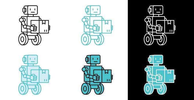 Delivery robot on wheels holding package icon for automated shipping in line and fill style vector