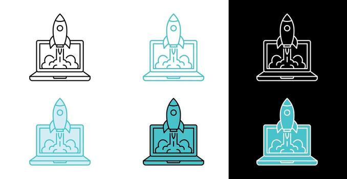Laptop rocket launch icon for startup business and digital product growth in line and fill style vector
