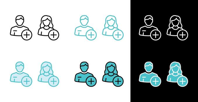Male and Female users plus icon for add new person and user registration in line and fill style vector