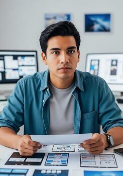 A Young Man Works On User Interface And User Experience Designs At His Desk, Surrounded By Digital Screens Displaying Creative Concepts. photo
