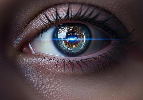 A Close Up Of A Human Eye With A Futuristic Digital Interface Overlay, Representing Advanced Biometric Technology And Data Monitoring Concepts. photo