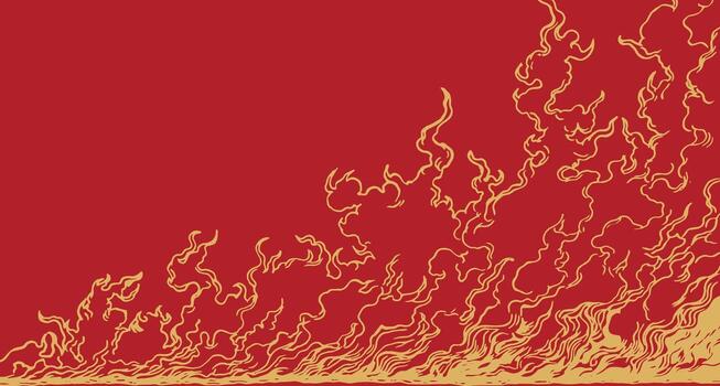 Hand drawn brush lines abstract flame pattern in yellow on red, Japanese ukiyo-e, ethnic folks wood carving, block print texture background. Simple graphic for textile, decoration. vector
