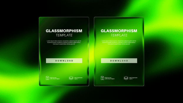 vetromorfismo modello impostato con Due verticale ui carte con un' vivido verde lime pendenza e smerigliato effetto psd