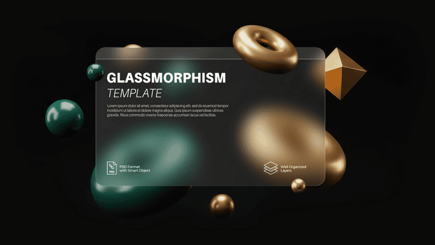 vetromorfismo modello con buio verde e metallico oro 3d oggetti, un' smerigliato ui carta, e un' buio pendenza psd